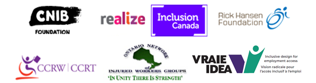 Logos for CNIB, Realize, Inclusion Canada, Rick Hansen Foundation, CCRW, ONIWG, IDEA